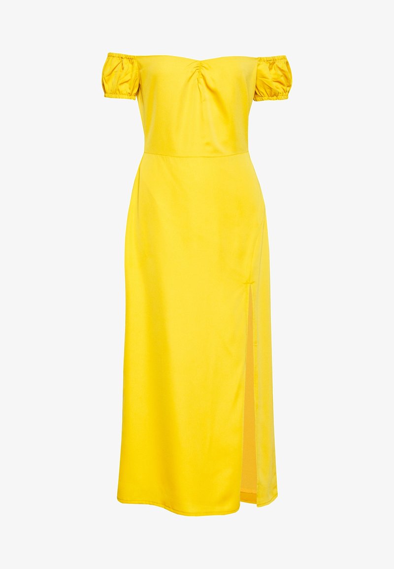 Vestido amarillo de hombros descubiertos, hecho de tela suave, que presenta mangas abullonadas, un corsé ajustado y una abertura lateral para mayor estilo.