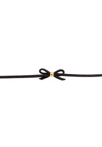 Schwarzes Wildlederband mit einer kleinen Schleifenakzent, das eine zentrale goldene Perle aufweist. Das Band ist flach und glatt und präsentiert ein einfaches, elegantes Design.