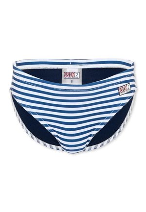 Slip bikini a righe blu e bianche con due etichette del marchio, mostrato disteso su sfondo bianco.