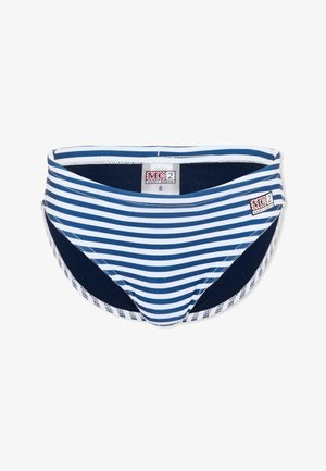 Slip bikini a righe blu e bianche con due etichette del marchio, mostrato disteso su sfondo bianco.