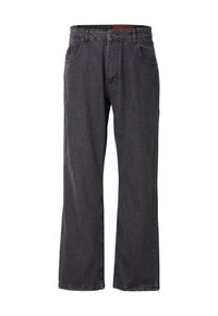 Tummanharmaat farkut, joissa on rento istuvuus, viisi taskua, napitus ja vyölenkit. Kankaassa on hienovarainen pinta.