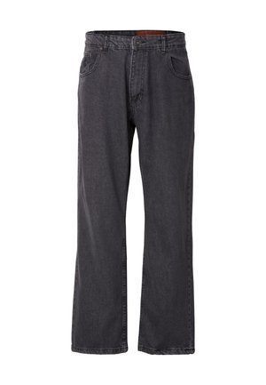 Tamsiai pilki džinsai su laisvu siluetu, turintys penkias kišenes, mygtukų užsegimą ir diržo kilpas. Audinys turi subtilų faktūrą.