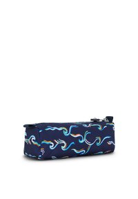 Marinepencilcase lavet af stof med farverige, bølgede mønstre; har en lynlås i toppen og en rektangulær form for nem opbevaring.