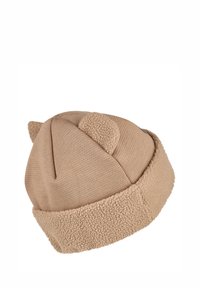Brown knit hat with a textured fleece brim and small ear-like accents at the top. Features a soft, warm design suitable for cold weather.