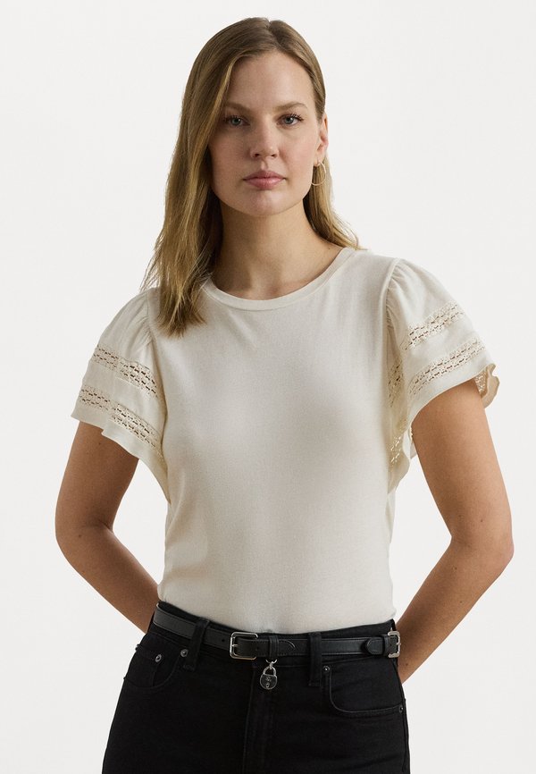 LACE TRIM JERSEY FLUTTER SLEEVE TOP - Basic T-shirt - mascarpone cream
