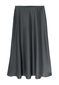 Jupe midi en satin gris foncé avec une finition lisse et une légère évasement à l'ourlet, présentée sur un fond blanc.