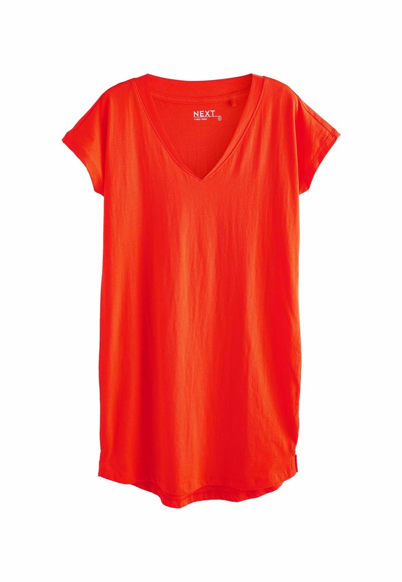 Rød bomulds T-shirt kjole med V-hals og korte ærmer, der har en afslappet pasform og en buet kant i bunden.