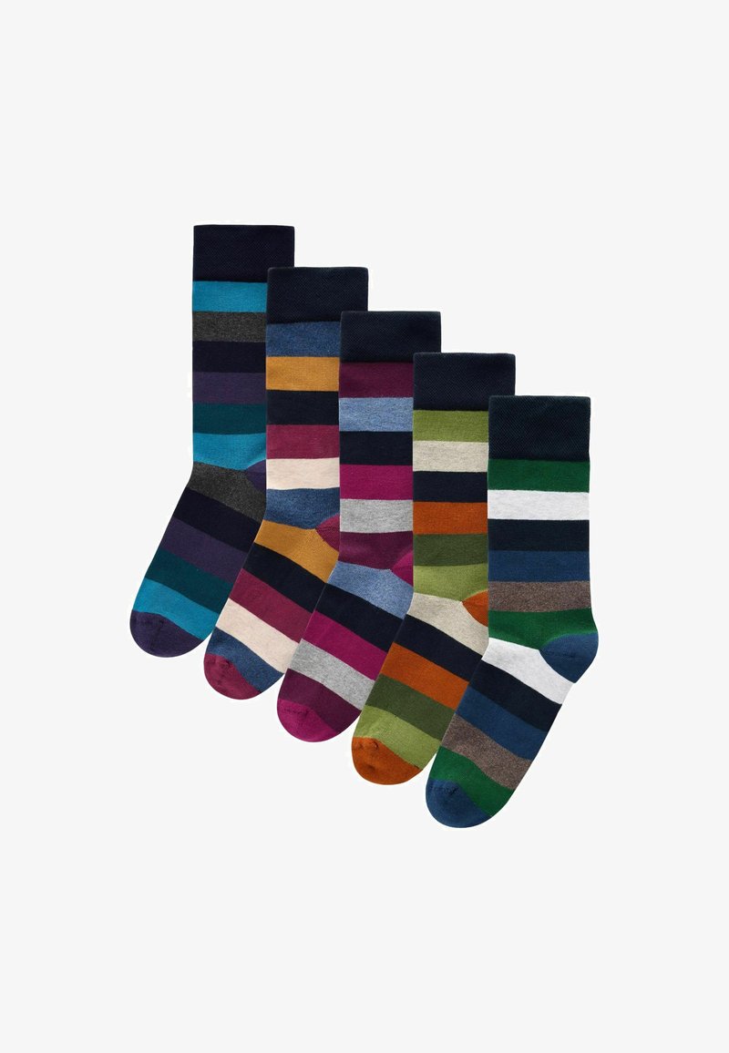 Fünf Paar Baumwollsocken mit gestreiften Designs in verschiedenen Farben, darunter Blau, Grün, Lila und Braun; unterschiedlich breite Streifen.