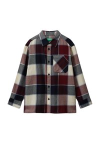 Camicia a maniche lunghe con bottoni, caratterizzata da un ampio motivo a quadri in bordeaux, blu navy, crema e grigio, con taschino frontale e colletto classico.