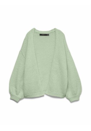 Cardigan tricot gros, verde deschis, cu mâneci lungi tip balon și partea din față deschisă, prezentat întins pe un fundal alb.