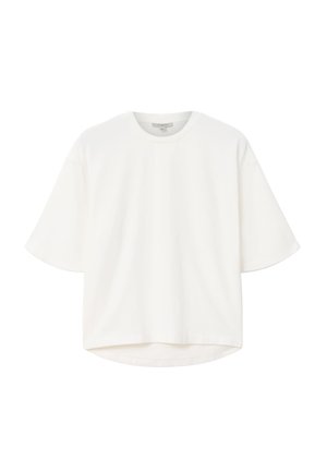 Biała krótka koszulka z miękkiej tkaniny, z okrągłym dekoltem i luźnym krojem z lekko zaokrąglonym dołem.