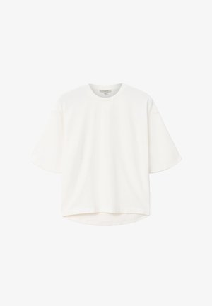 Wit T-shirt met korte mouwen gemaakt van zachte stof, voorzien van een ronde hals en een relaxte pasvorm met een licht gebogen zoom.