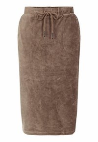 Brun kordurdy midi kjol med resår i midjan och justerbar dragsko. Har en vertikal ribbad textur och inga ytterligare dekorationer.