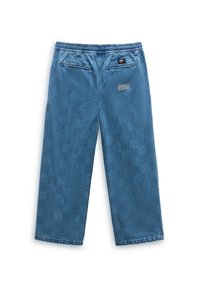 Modré tkané denimové kalhoty s elastickým pasem, které mají dvě kapsy a jemný vzor kostkovaného textura. Bez předního zapínání.