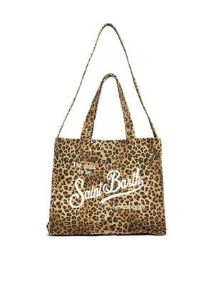 Borsa tote stampa leopardata con doppi manici e tracolla regolabile, con scritta bianca "The place to be Saint Barth Summer Paradise."