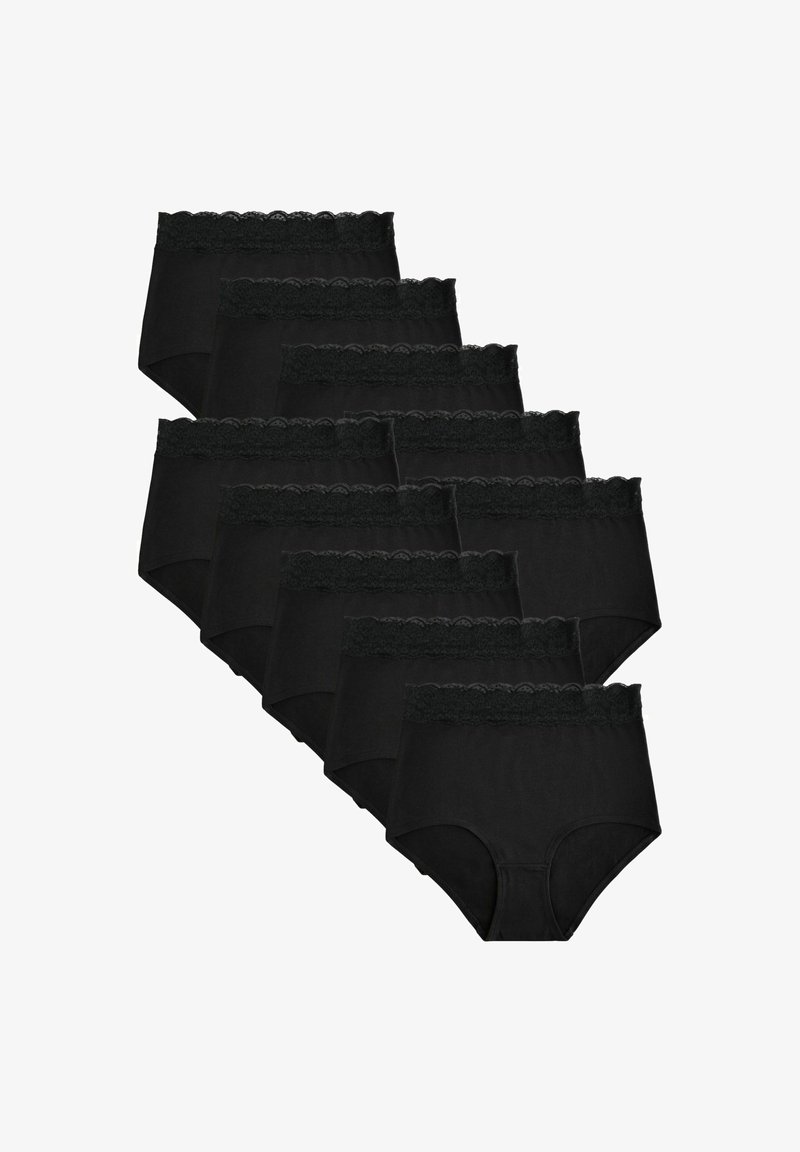 Dix culottes noires pour femmes avec ceintures en dentelle, disposées en rangées superposées sur un fond blanc.