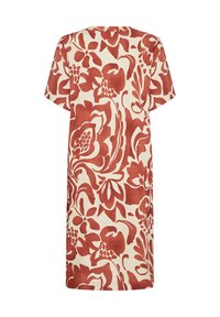 Loose short-sleeve midi dress with large rust-red floral and leaf patterns on an off-white background, back view.