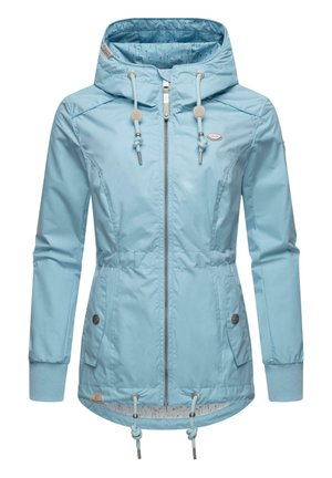 Light blue, waterproof jacket with a zip closure, adjustable hood, elastic cuffs, drawstring waist, and two side pockets. Smooth texture.