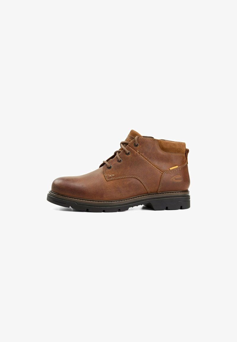 Bruine leren enkelboots met een glad oppervlak, ronde neus, zes veterogen en een contrasterende textuurkraag. Stevige rubberen zool met grip.