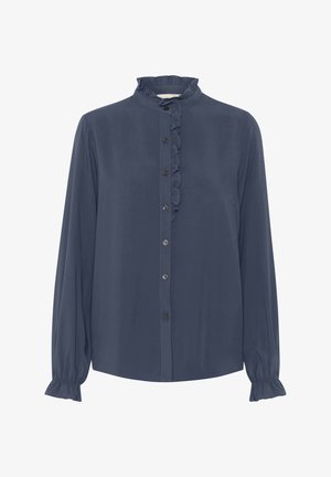 Blusa blu navy con maniche lunghe, colletto a ruota, chiusura anteriore con bottoni e polsini arricciati. Tessuto morbido, design classico.