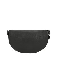Clutch bag in pelle nera con forma curvata a mezzaluna, superficie testurizzata e chiusura con cerniera, caratterizzata da un design minimalista.