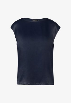 Blouse sans manches en satin bleu marine avec un col rond et une finition lisse et brillante.