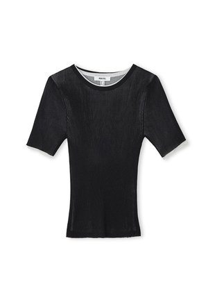 Haut noir à manches courtes en maille côtelée avec un col rond et un tissu texturé. Présente un design ajusté et une longueur cropped.