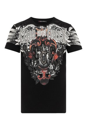 Black t-shirt featuring a detailed graphic design with red and silver accents, text, and a central crest pattern. Short sleeves, round neck.