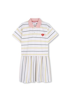 Robe polo rayée à manches courtes, col rose et logo cœur rouge. Présente des rayures horizontales jaunes, roses et noires sur fond blanc.