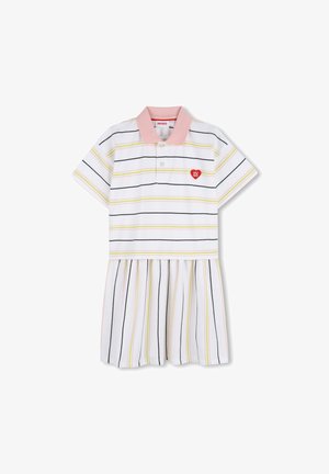 Robe polo rayée à manches courtes, col rose et logo cœur rouge. Présente des rayures horizontales jaunes, roses et noires sur fond blanc.