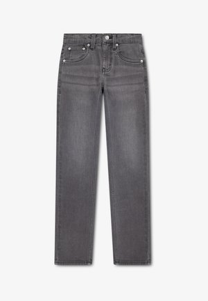 Jean droit en denim gris avec cinq poches, passants de ceinture, fermeture à bouton et zip, présenté à plat sur fond blanc.