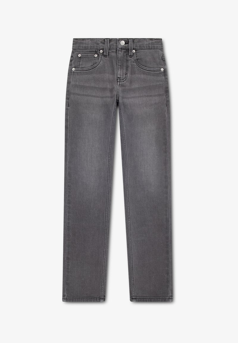 Jean droit en denim gris avec cinq poches, passants de ceinture, fermeture à bouton et zip, présenté à plat sur fond blanc.