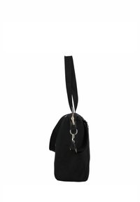Borsa in tessuto nero di forma arrotondata, con tracolla regolabile, chiusura a zip e dettagli metallici argentati. Presenta un attacco per portachiavi.
