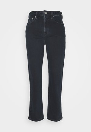High-waisted black denim jeans with a front button and zipper closure, two front pockets, and straight-leg fit against a white background.