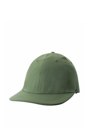 Grüne Kappe aus einem weichen, strukturierten Material mit einem gebogenen Schild. Verfügt über Paneele, Steppnähte und einen verstellbaren Riemen auf der Rückseite.