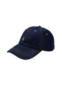Căciulă de baseball din denim, de culoare albastru închis, cu broderie galbenă și design cu skull brodat. Dispune de o visieră curbată și o curea ajustabilă în spate.