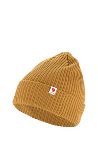 Brown knitted beanie hat with a ribbed texture, featuring a folded cuff and a small patch logo with a red fox and brand name.