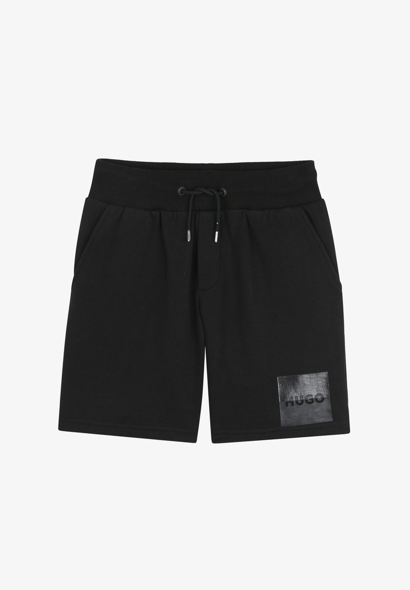 Zwarte katoenen shorts met een elastische tailleband, trekkoord, zijzakken en een glanzende logopatch op het linkerbeen.