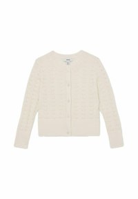 Cardigan lavorato a maglia di colore crema, con maniche lunghe, apertura con bottoni e una sottile texture a motivo foglia, taglia per bambini di 6-7 anni.
