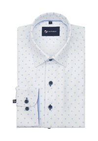 Witte shirt met een blauw diamanten patroon, met knoopmanchetten en een klassieke kraag. Voorzien van donkere knopen en een merklabel aan de binnenkant van de kraag.