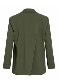 Blazer vert olive, design ajusté avec un col cranté, dos droit avec une couture asymétrique, manches longues et sans fermetures visibles.