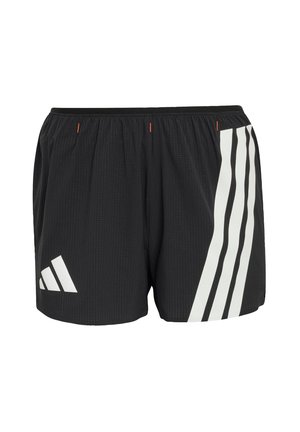 Μαύρο αθλητικό σορτς με λευκό λογότυπο Adidas και τρεις ρίγες στο δεξί πλευρό, με ελαστική ζώνη μέσης και ελαφρύ ύφασμα.