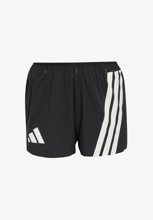 Μαύρο αθλητικό σορτς με λευκό λογότυπο Adidas και τρεις ρίγες στο δεξί πλευρό, με ελαστική ζώνη μέσης και ελαφρύ ύφασμα.