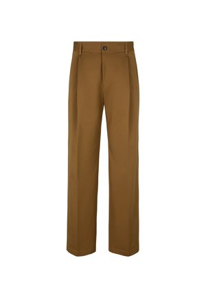 Brązowe spodnie o wysokim stanie w luźnym kroju, z plisami, zapięciem na guzik i gładką fakturą. Skrojone, aby zapewnić elegancki wygląd.