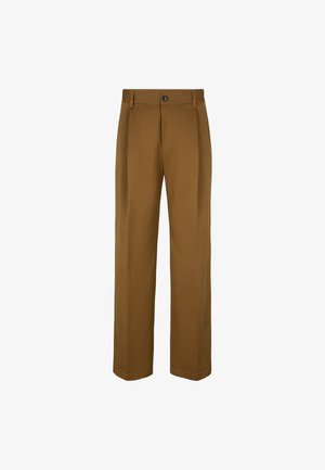 Brązowe spodnie o wysokim stanie w luźnym kroju, z plisami, zapięciem na guzik i gładką fakturą. Skrojone, aby zapewnić elegancki wygląd.