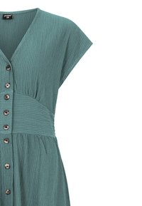 Kort mouwjurk in teal met textuur, V-hals, brede tailleband en een verticale rij donkere knopen aan de voorkant.