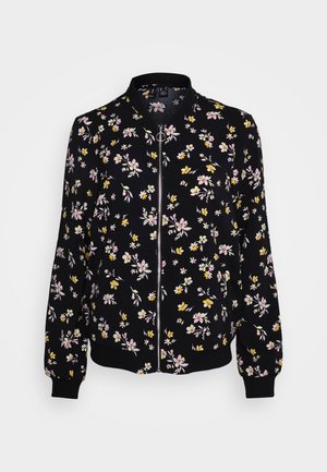 Bomber floreale con sfondo nero, caratterizzata da fiori rosa e gialli, zip frontale, polsini a coste e scollo rotondo.