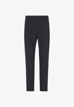 Pantaloni neri slim-fit con passanti per cintura e orli arrotolati, esposti su uno sfondo bianco.