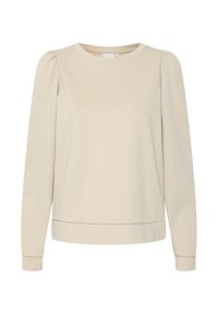 Beige Langarm-Sweatshirt mit runder Ausschnitt, leicht gepufften Schultern, gerippten Bündchen und lässiger Passform. Glatte Textur, schlichtes Design.