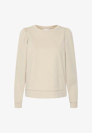 Bežinis ilgarankovis treneris su apvaliu iškirpimu, šiek tiek pūstomis pečių linijomis, raštuotais rankogaliais ir laisvu siluetu. Lygus audinys, paprastas dizainas.